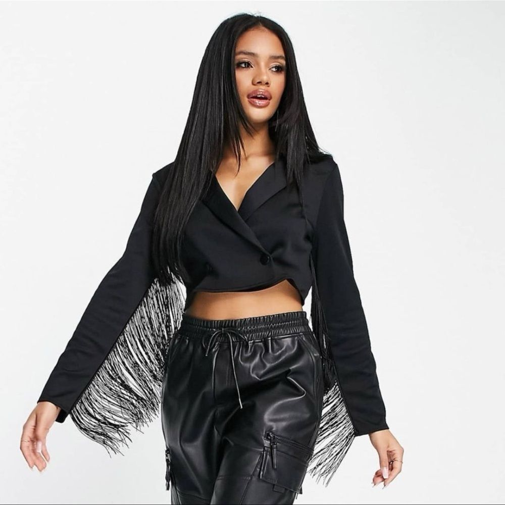 ASOS DESIGN Jersey Tux Crop Suit Blazer with Fringe Detail - Black - Size 6 -EUC